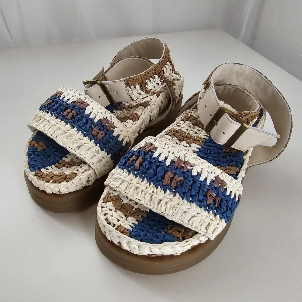 NIB Free People Boho Roma Raffia Sandals Platform Blue Cream Size 6 - Picture 7 of 16